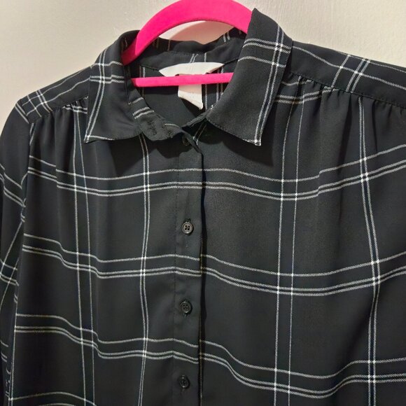 H&M Button-Down Blouse Dress Shirt Black and White Checkered Sz 2 XS - Picture 3 of 7